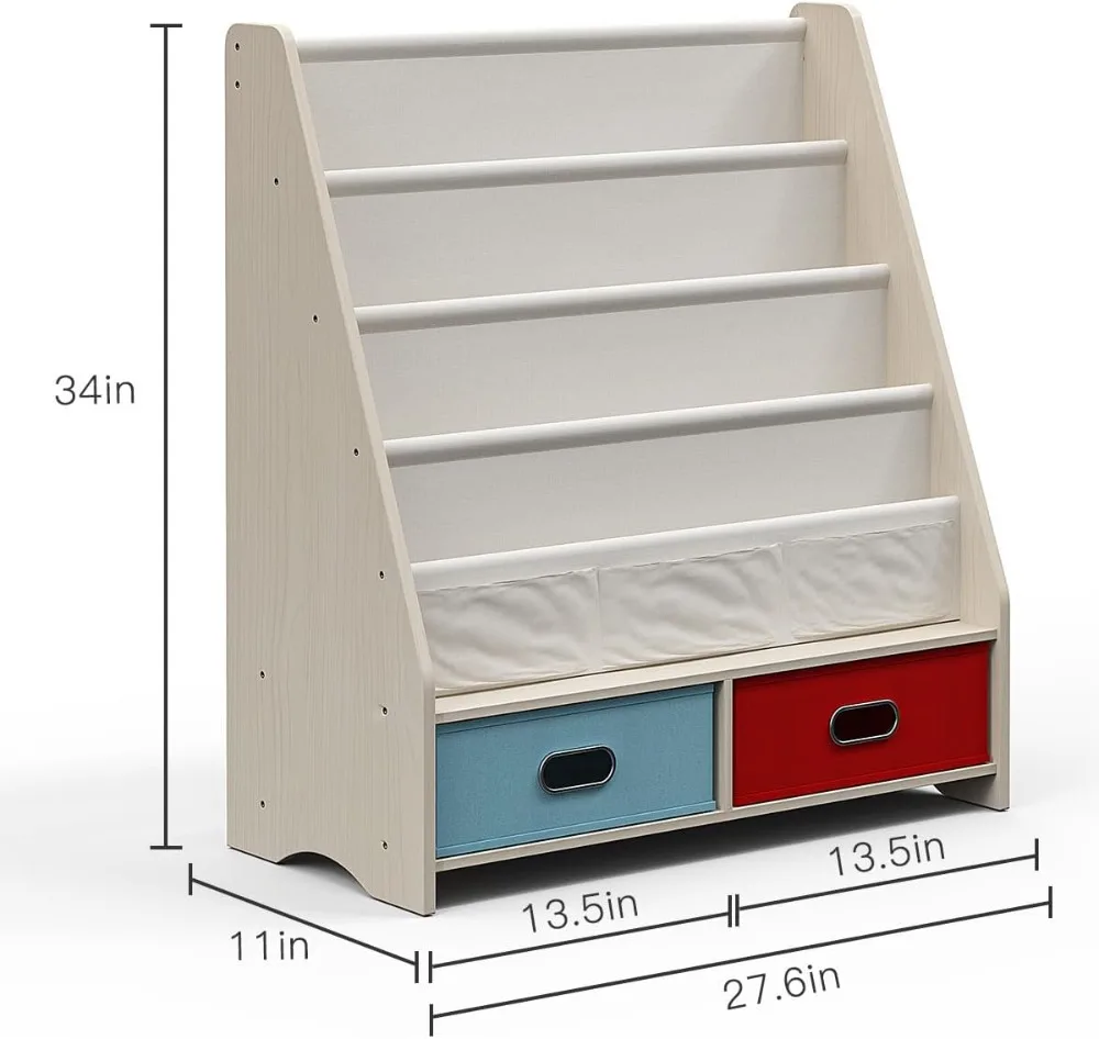 Seirione Schreibtisch Bücherregal Kinder Bücherregal, 4 Schlinge Bücherregal, 2 Aufbewahrung boxen und Spielzeug Organizer Regale, beige