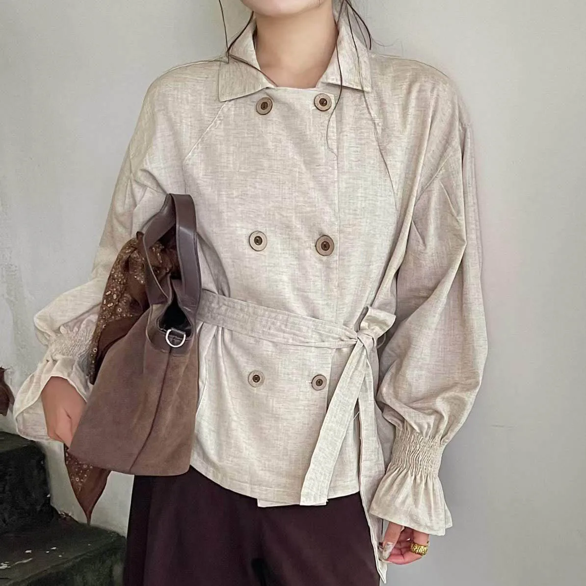 RU Short Lapel Windbreaker 2026 Fall Winter Double Breasted Belt Tie Waist Elastic Flared Cuff Loose Trench Coat Jacket