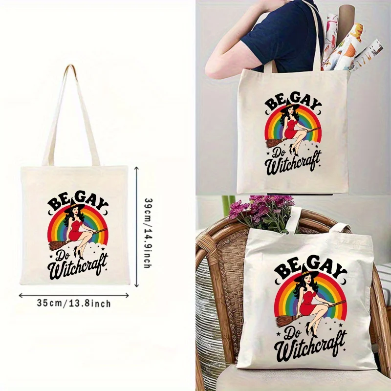 Canvas Tote Bag White Rainbow Witch Print Pride Parade Accessory, for Halloween Women's Handbags Top-Handle Bags