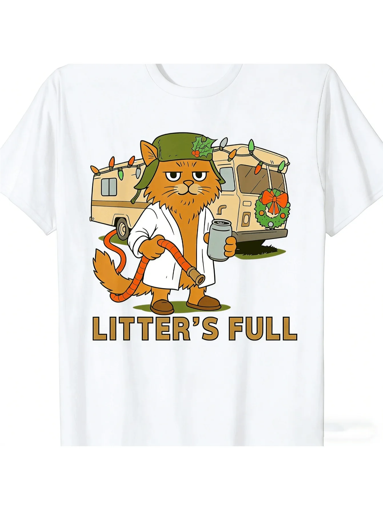 Humorous T-Shirt for Cat Litter Training Adorable Full Body Print of A Cat Spraying Men's T-Shirt Black Casual Crew Neck T Shirt