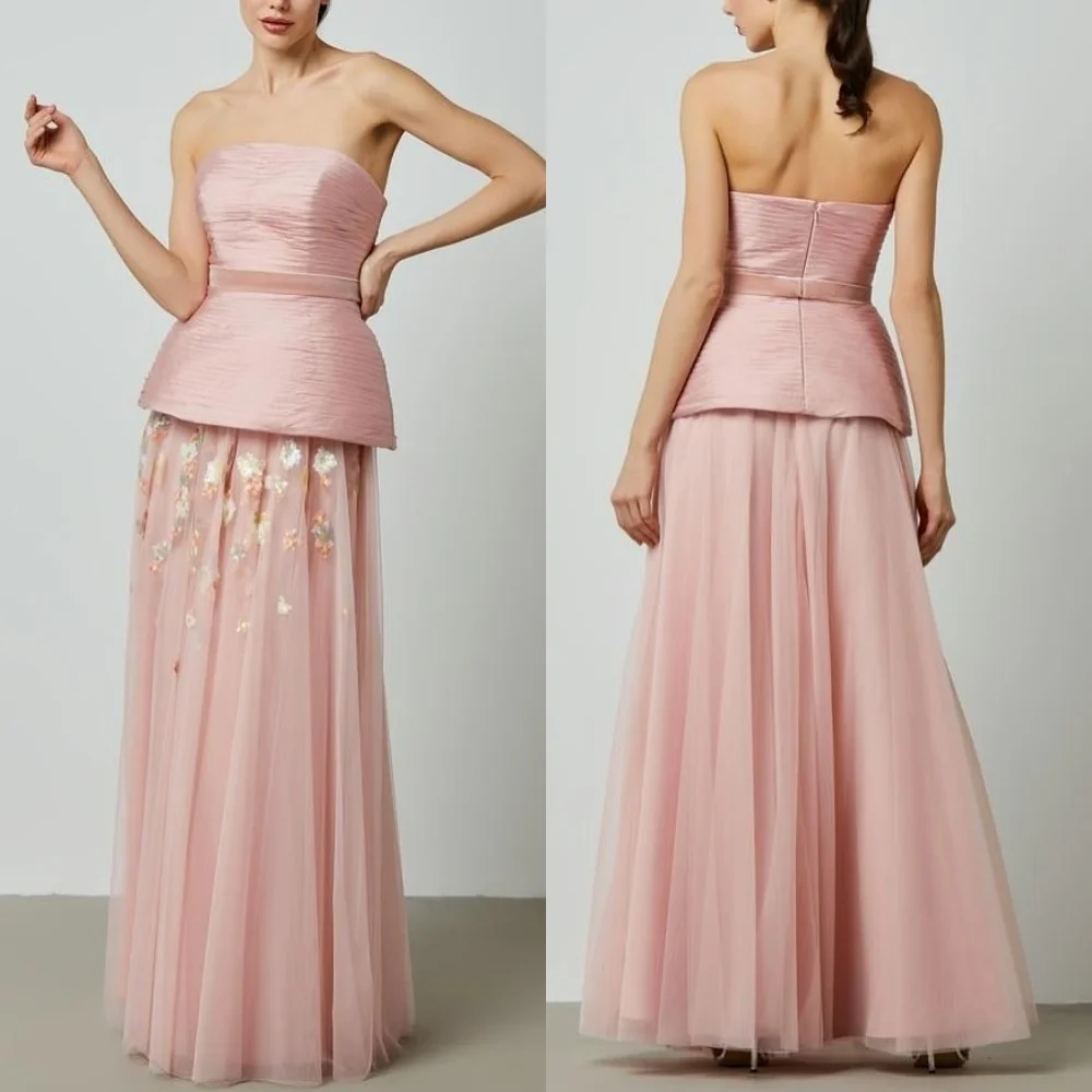 

Customized Net Applique Strapless A-line Long Dresses Bespoke Occasion Elegant Party High Quality Formal Evening Charming