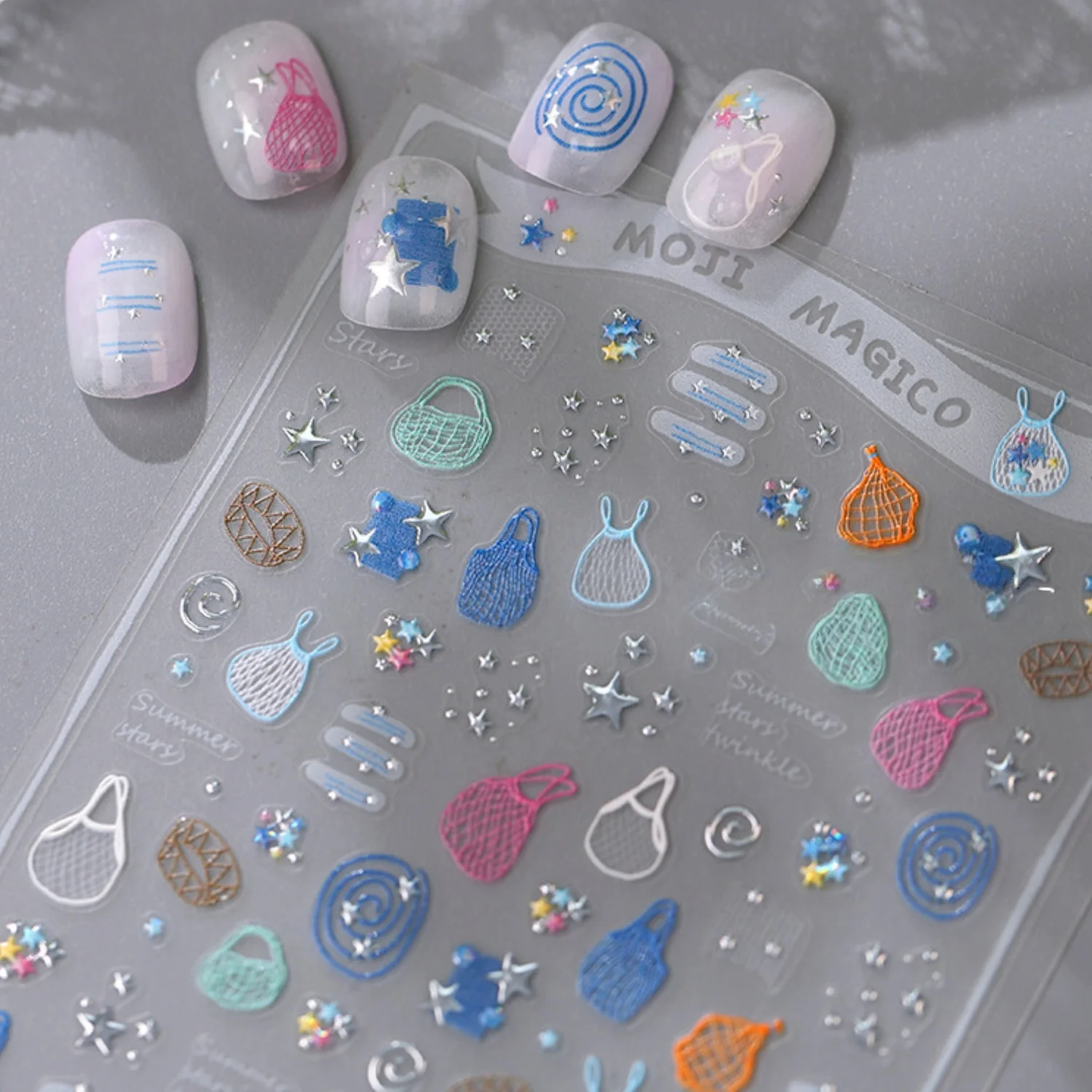 Macaron Hollow Mesh Shopping Bag 5D Nail Stickers Spiral Swirl Four-point Glitter Star Summer Line Decal Self Adhesive Manicure