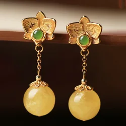 Ancient gold craft flowers earrings for women classic natural topaz chalcedony Chinese style high Round Long Ear Studs jewelry