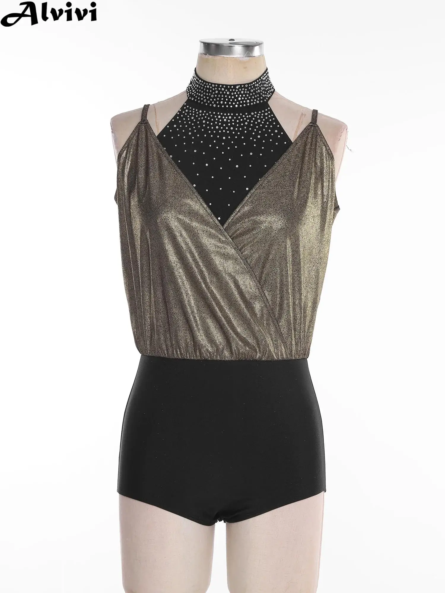 

Women Lyrical Dance Figure Skating Gymnastics Acrobatics Performance Bodysuit Spaghetti Straps Metallic Shiny Rhinestone Leotard