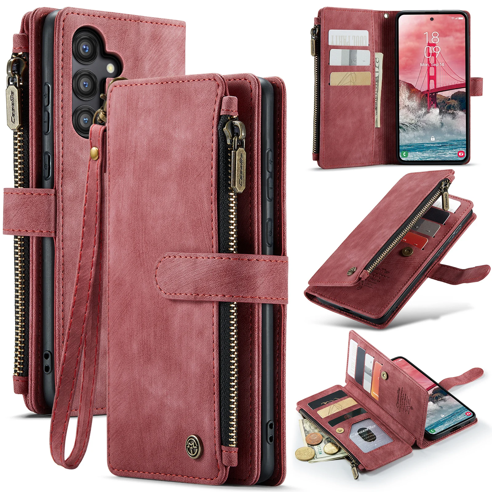 

For Samsung Galaxy A55 5G Zipper Wallet Phone Case with Lanyard Card Slots Kickstand Flip PU Leather Covers