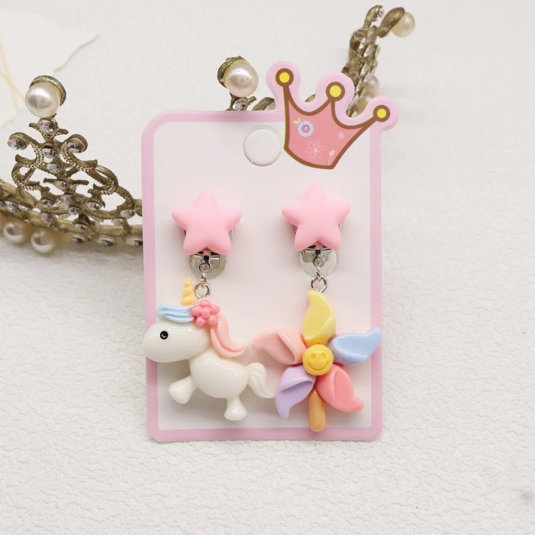 Cute Rainbow Unicorn Stars Clip on Earrings for Children Girls No Pierced Earring Christmas Gift
