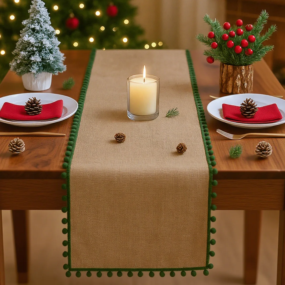 Christmas Linen Table Runner with Christmas Ball Tassel Merry Christmas Decoration for Home 2025 Navidad Noel Ornament New Year