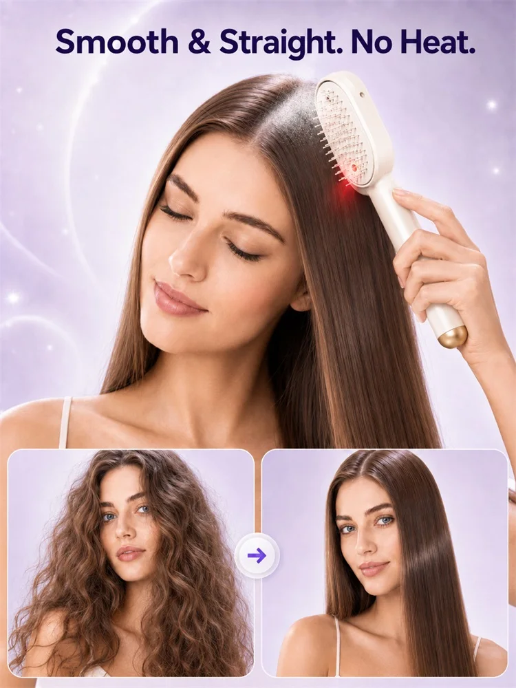 No Heat Electric Hair Straightening Brush with Fine Mist Spray Red Light Care Straightener Smoothing Wet & Dry Use Fast Charge