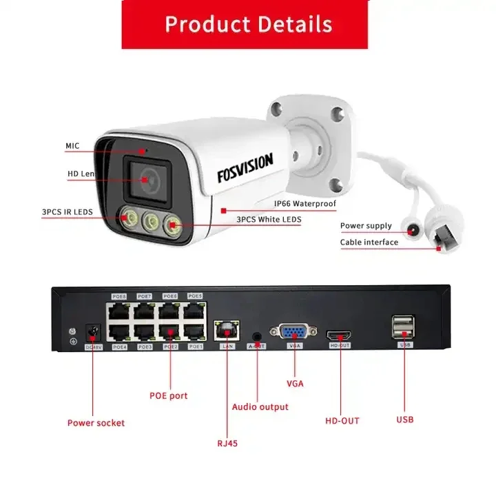 Fosvision Hd Video Surveillance 8mp Ip Poe Camera System 8ch Poe Nvr Camera Kit 8-channel Nvr Home Security Cctv System