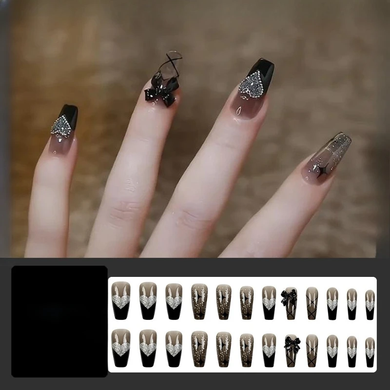 

Длинные балетные накладки для ногтей с бантом и бриллиантами Love Sweet Cool, нежные накладки для ногтей