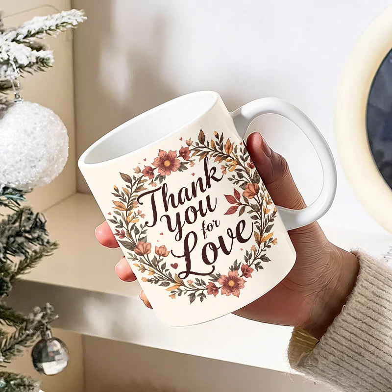 11 oz Thank you for Love floral ceramic mug with handle, coffee cup, milk cup, office tea cup, drinking cup, gift for friends