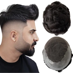 Reemplazo de cabello humano virgen indio para hombres blancos, 6 pulgadas, 1b, negro, 8x10, tupÃĐ Q6, Onda de 32mm, PU con unidad de encaje