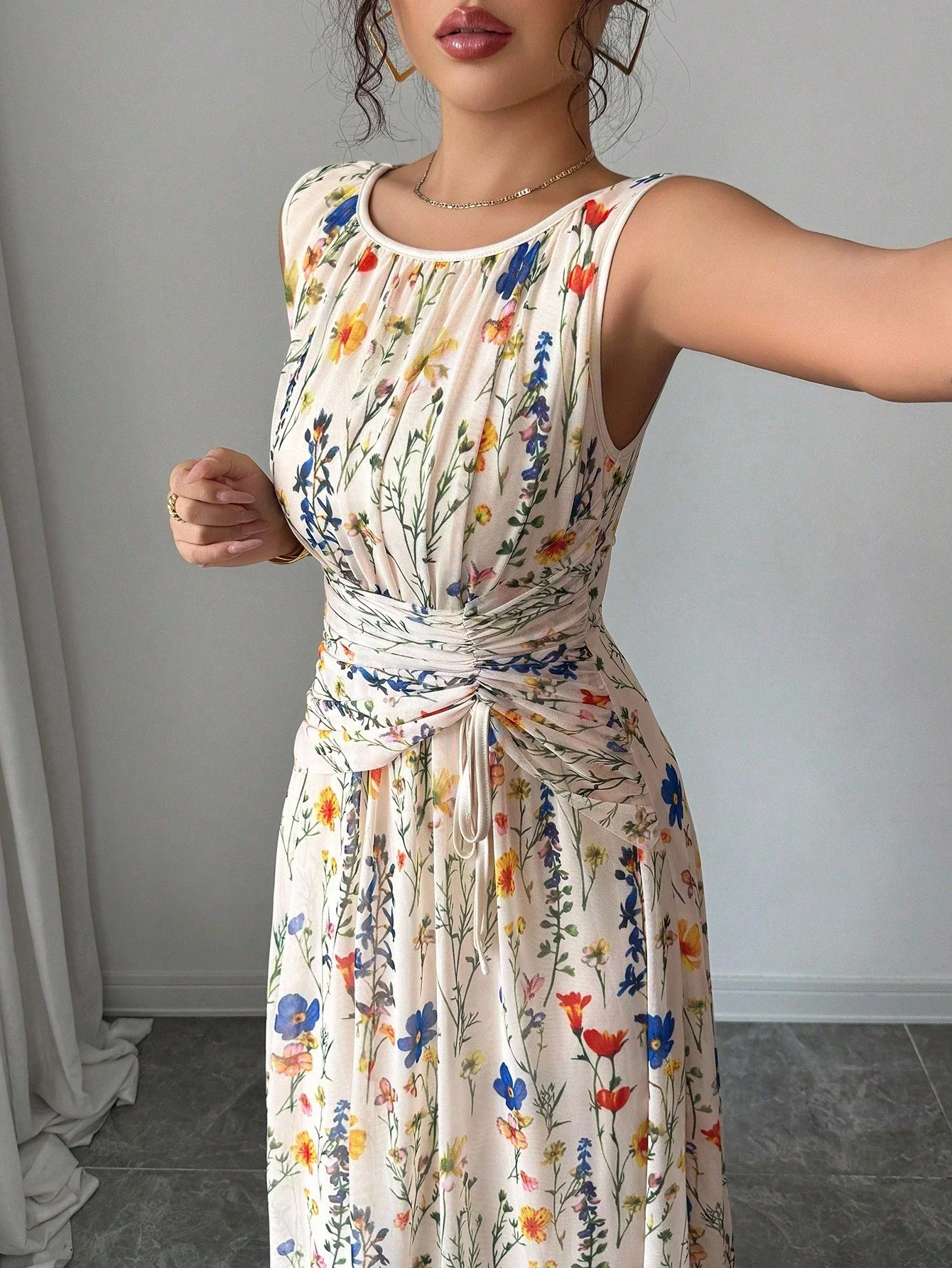 

Elegant Floral Sleeveless A-Line Long Dress With Drawstring Waist For Party Wedding Guest