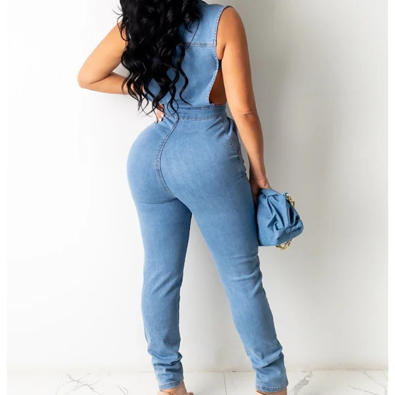 zomight 2023 New  Sexy Slim Sleeveless Light Blue Jeans Jumpsuit Denim Playsuit Women Elegance Woman Ladies Overalls Jump Suits