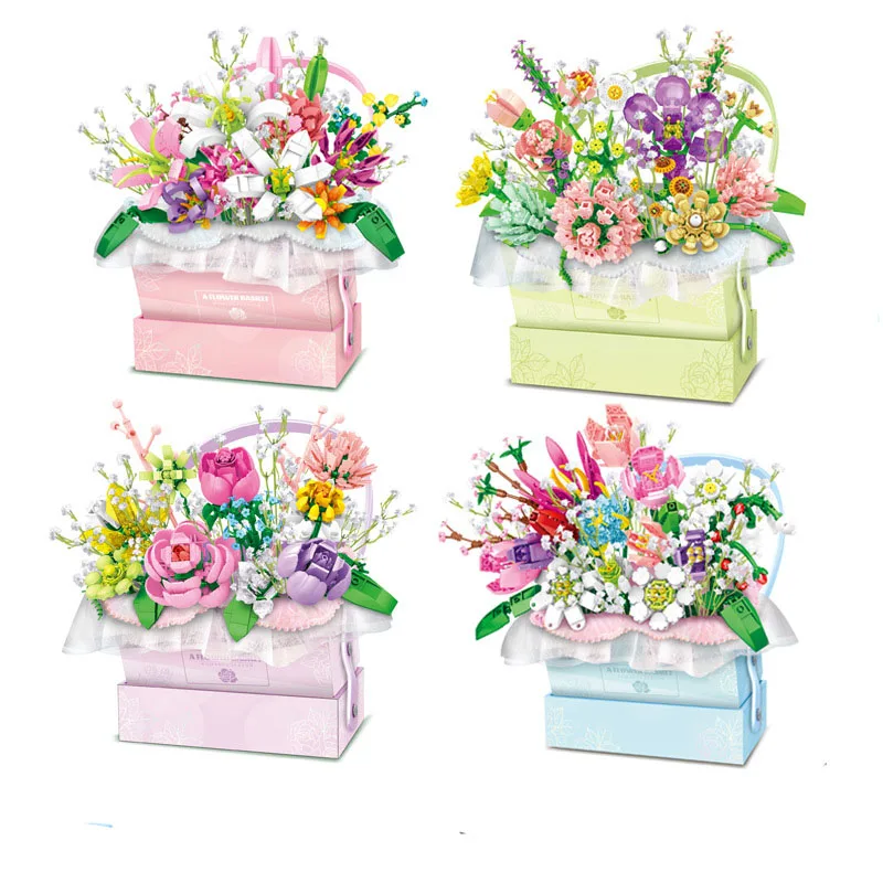 Flowers Bouquet Basket  Block DIY Building Brick Toy Gift Box Decor For Girls Lovers