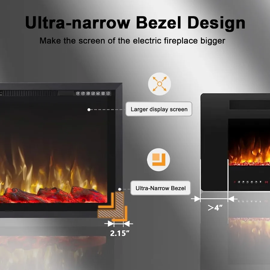 42 مدفأة كهربائية بإطار ألومنيوم ضيق للغاية وتصميم شاشة واسعة لغرف المعيشة الحديثة وغرف النوم المثبتة على الحائط