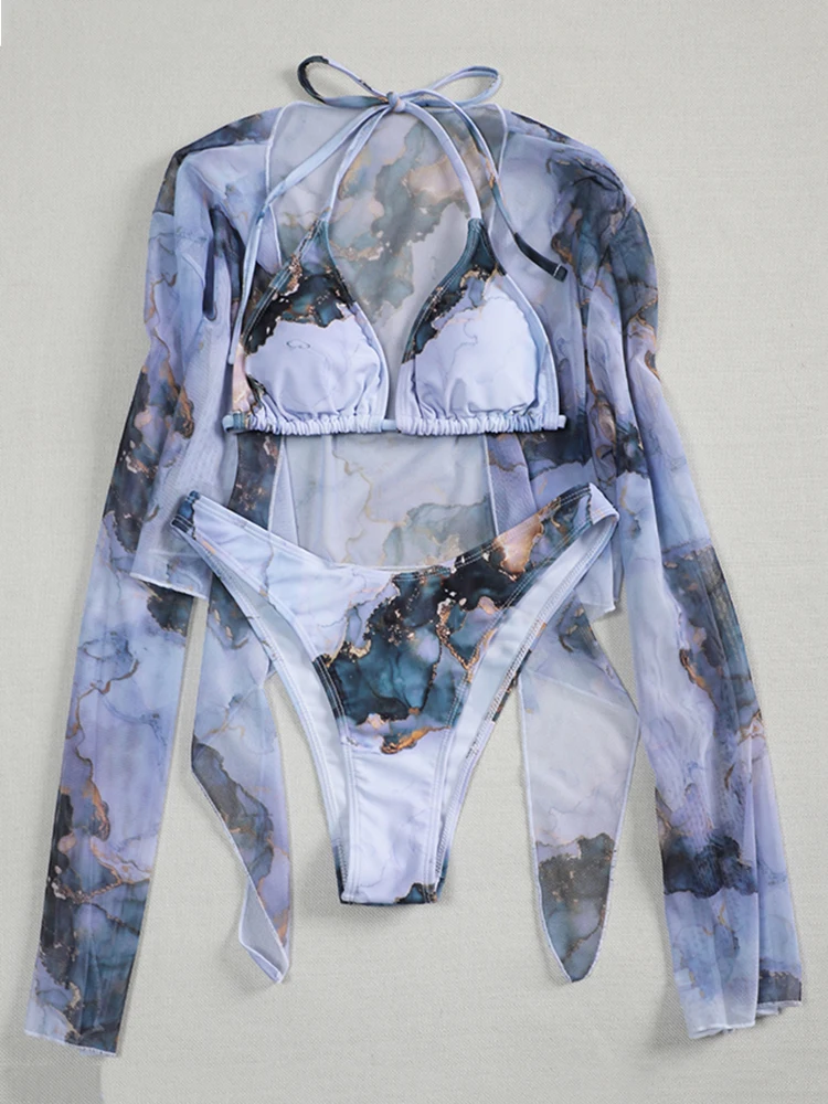 Marble Print Mesh Long Sleeve Bikini Women Swimsuit Female Swimwear Three pieces Bikini Set Halter Bathing Suit Swim Beach Wear