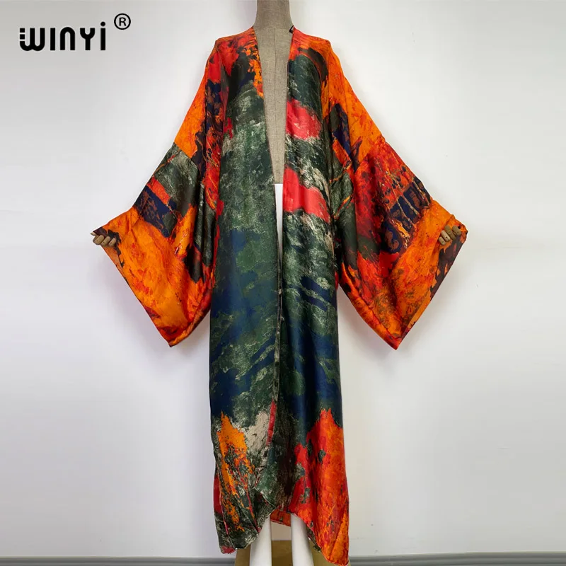 

WINYI Oversized Loose Casual Aesthetic Dresses Retro printing Sexy Beach KIMONO Dress New Bohemian Long Sleeve Elegant Vestidos