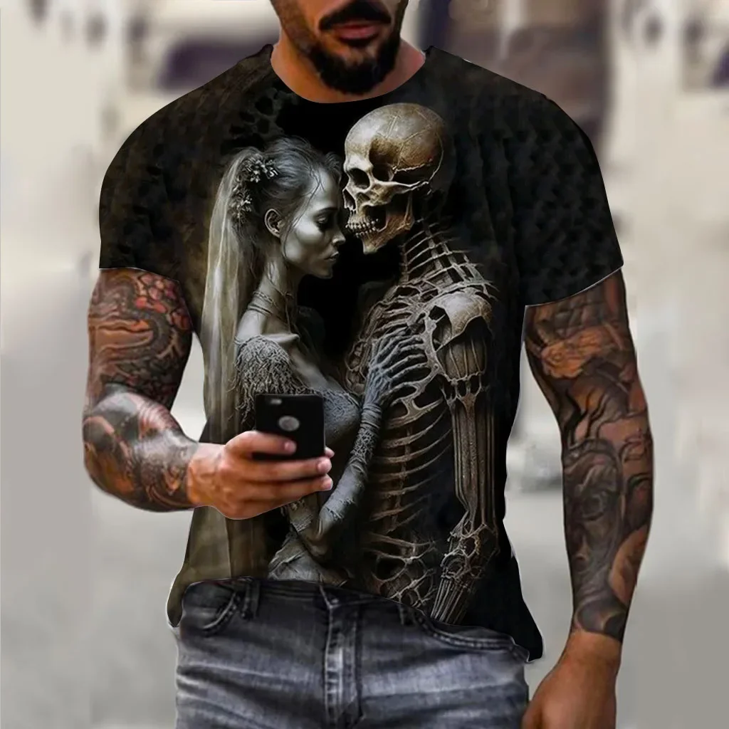 2024 Summer New Fashion Retro T-shirt Man Horror Undead Skull Pattern 3D Printed Short Sleeve Fashion Oversized T-shirt Casual W