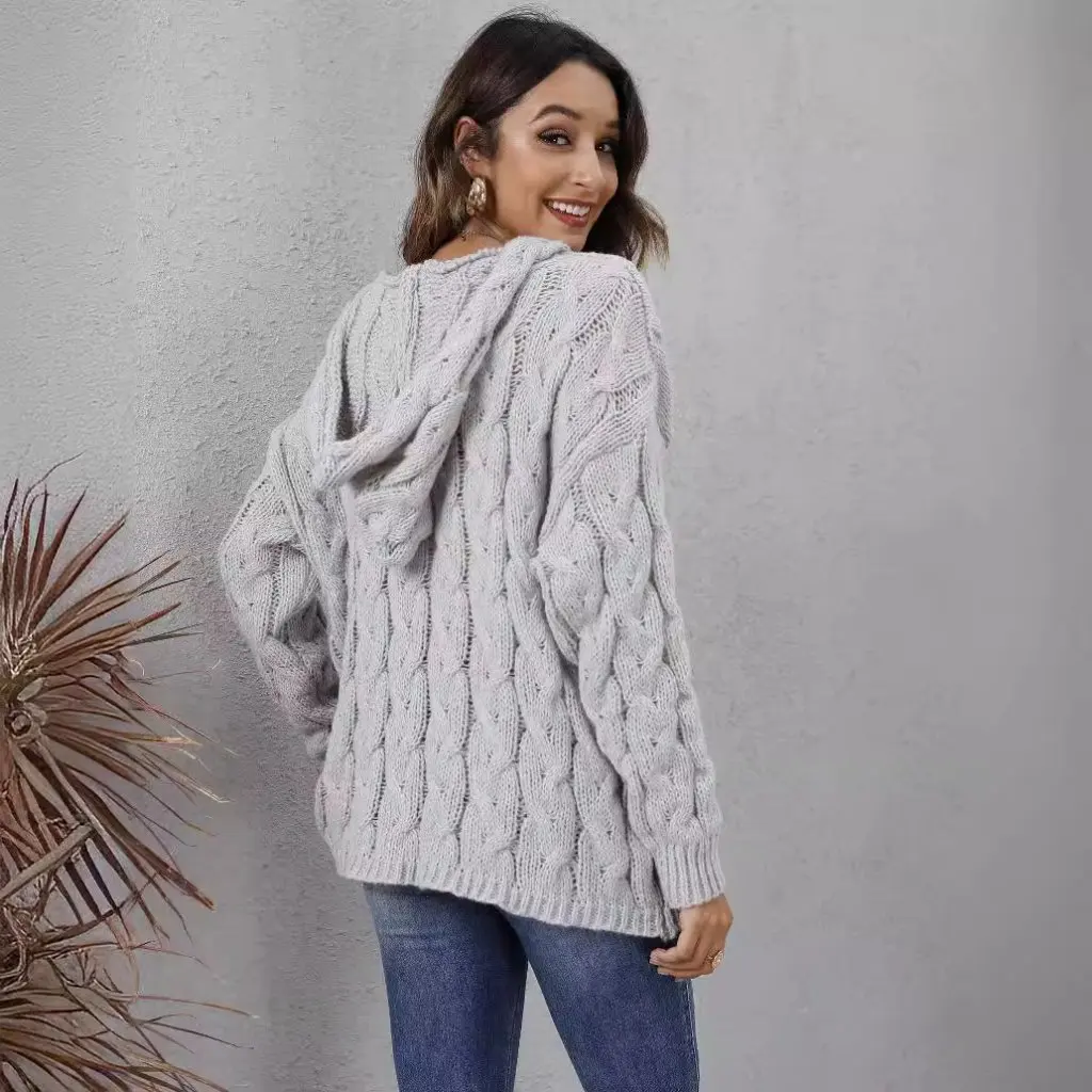 Women's Thickened Twist Knitted V-Neck Hooded Sweater European American Style Loose Pullover Top M604