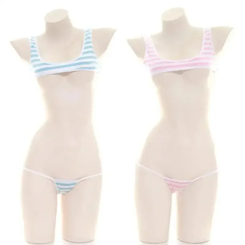 

Blue White Stripe Bikini Set Women Swimsuit Striped Halter Micro Bikini Set Lolita Kawaii Swimsuit Backless String Tied Bathing