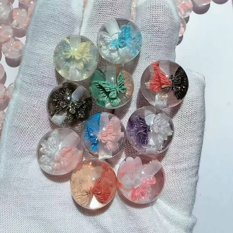 50pcs/lot 16mm color Luminous effect cartoon butterfly pattern core geometry rounds shape resin beads diy jewelry accessory