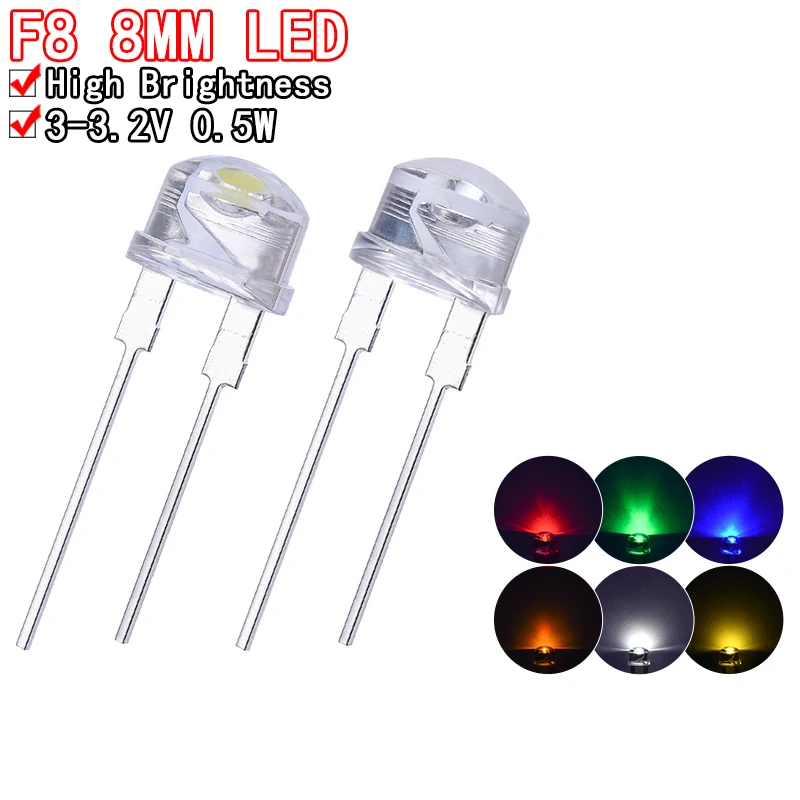 10PCS NEW F8 8mm 0.5W 3.0-3.2V Straw hat LED White Super bright LED lamp Wide Angle Transparent LED Lamp Strawhat LED