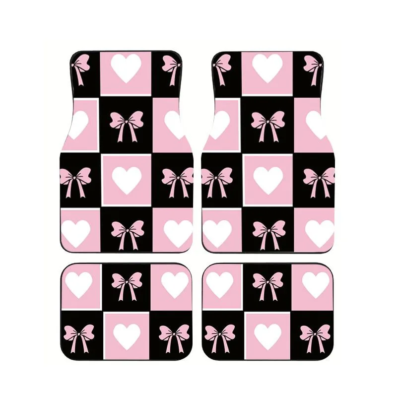 

Pink Black Checkerboard Bow Heart Car Floor Mats 4pcs Sweet Preppy Style Universal Auto Foot Mats Non-slip Anti-dirt Car Carpet