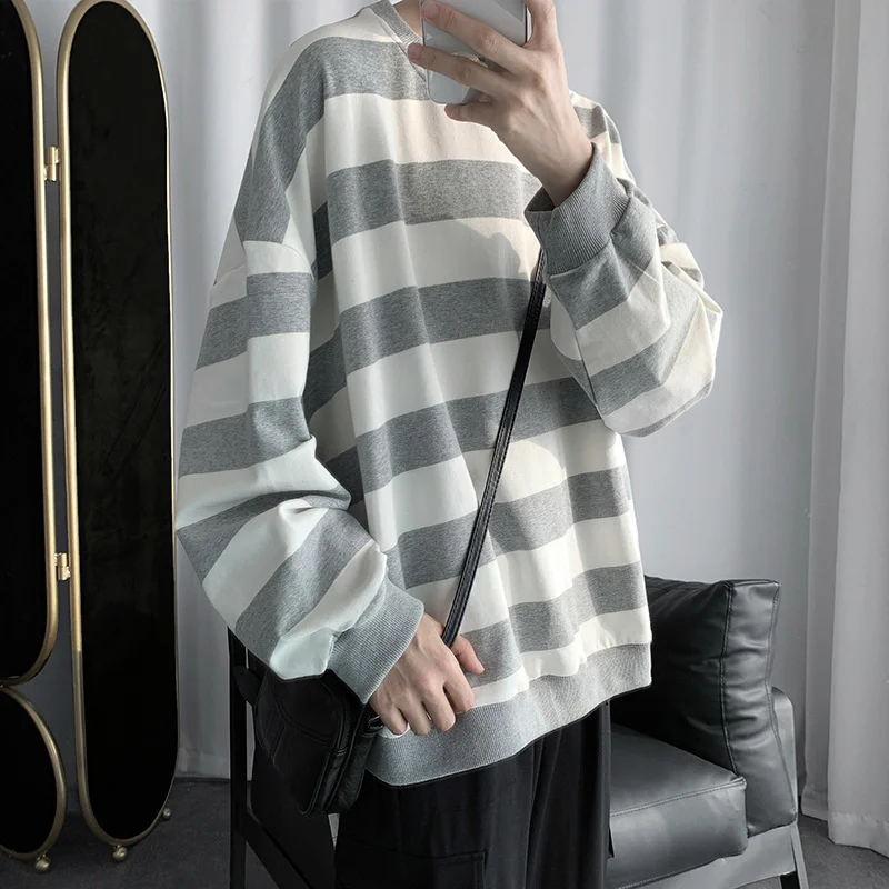 Autumn Winter Striped Men's Korean Fashion Hoodies Youth Harajuku Retro Long Sleeve Bottoming Shirt Pullover