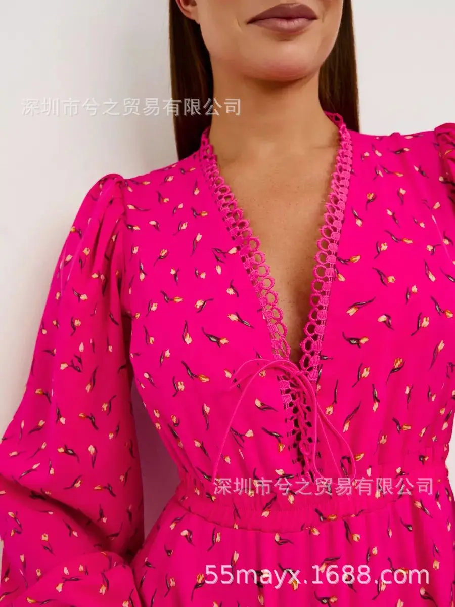 Roupas Femininas Vestido Feminino Emendado ​ ​ Vestido floral de chiffon de manga comprida de renda com decote em V cintura saia curta vestidos de festa elegantes