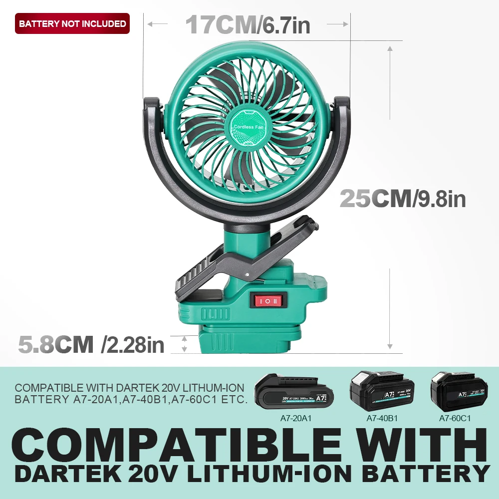 Cordless Clip Fan for DARTEK 20V Lithum-ion Battery 2 Speed Dual USB Portable Fan for Camping Outdoor (Battery Not Included)