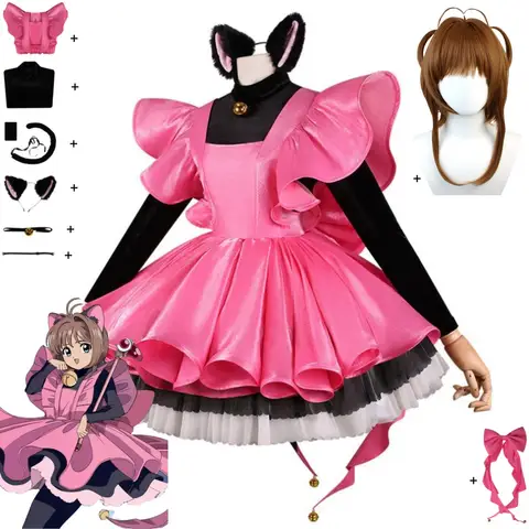 Anime Cardcaptor Sakura Card Captor Kinomoto Sakura Cosplay Costume Black Cat Pink Dress Lolita Wig Woman Sexy Carnival Suit