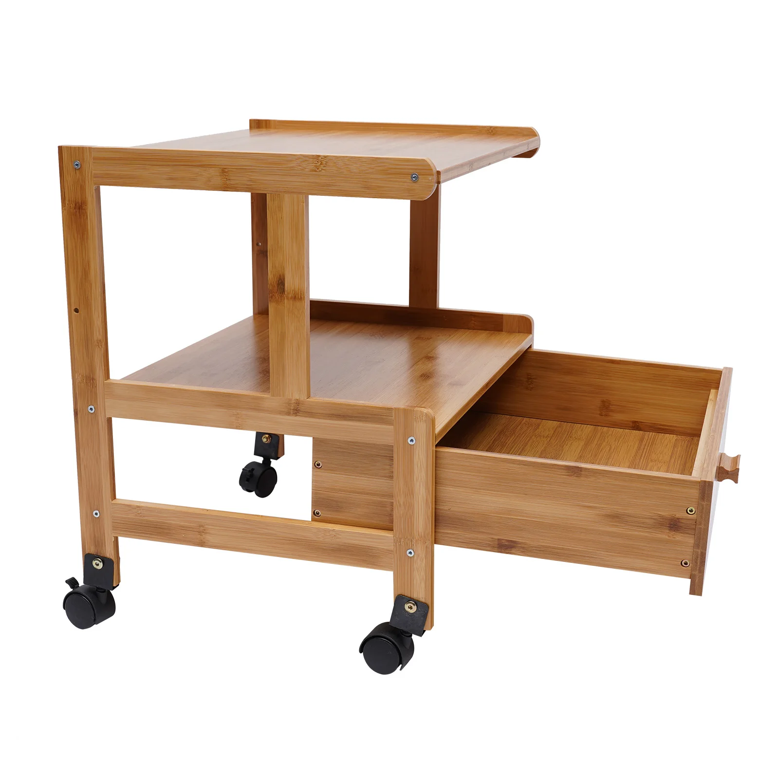 Mobile Printer Stand Holder with Storage Shelf , Rolling Cart with Wheels, Bamboo Rack for Home and Office Wood Color Book Shelf