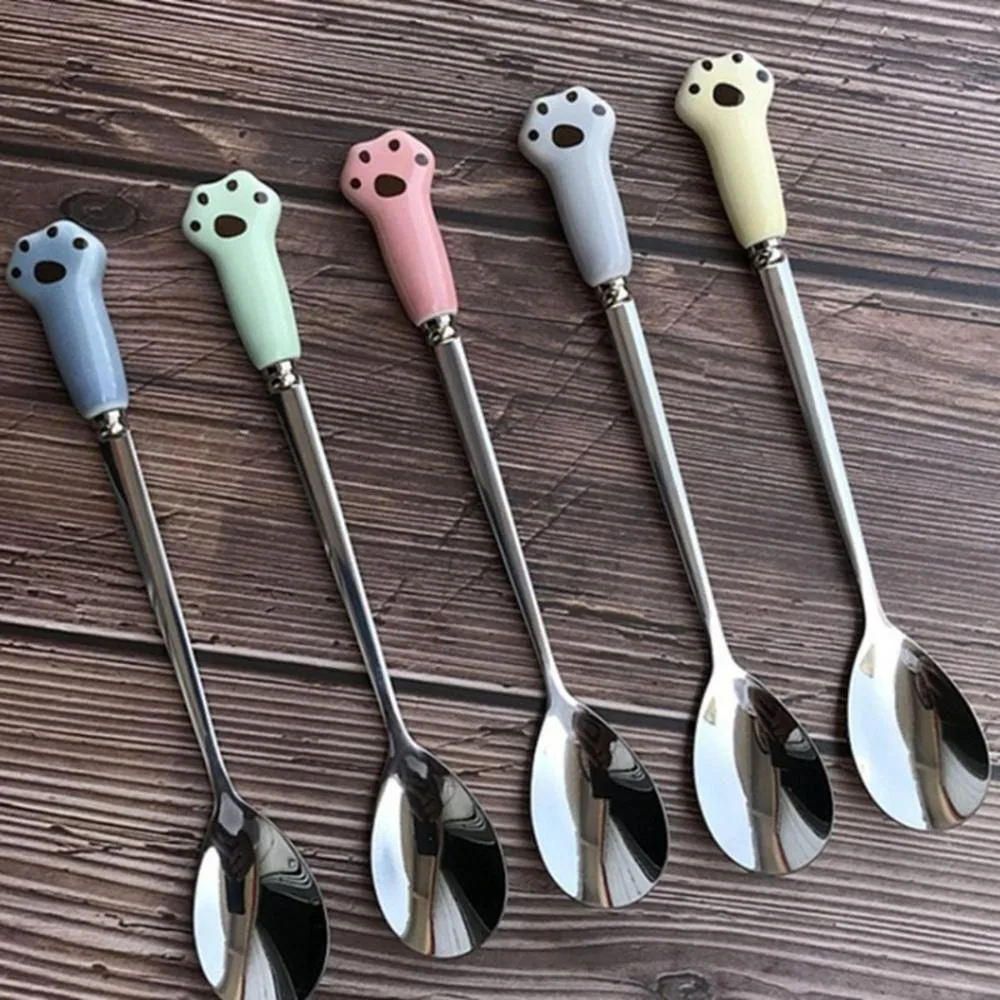 New Ceramic Handle Coffee Spoon Stainless Steel Cat Paw Long Handled Ice Spoon Tea Spoon