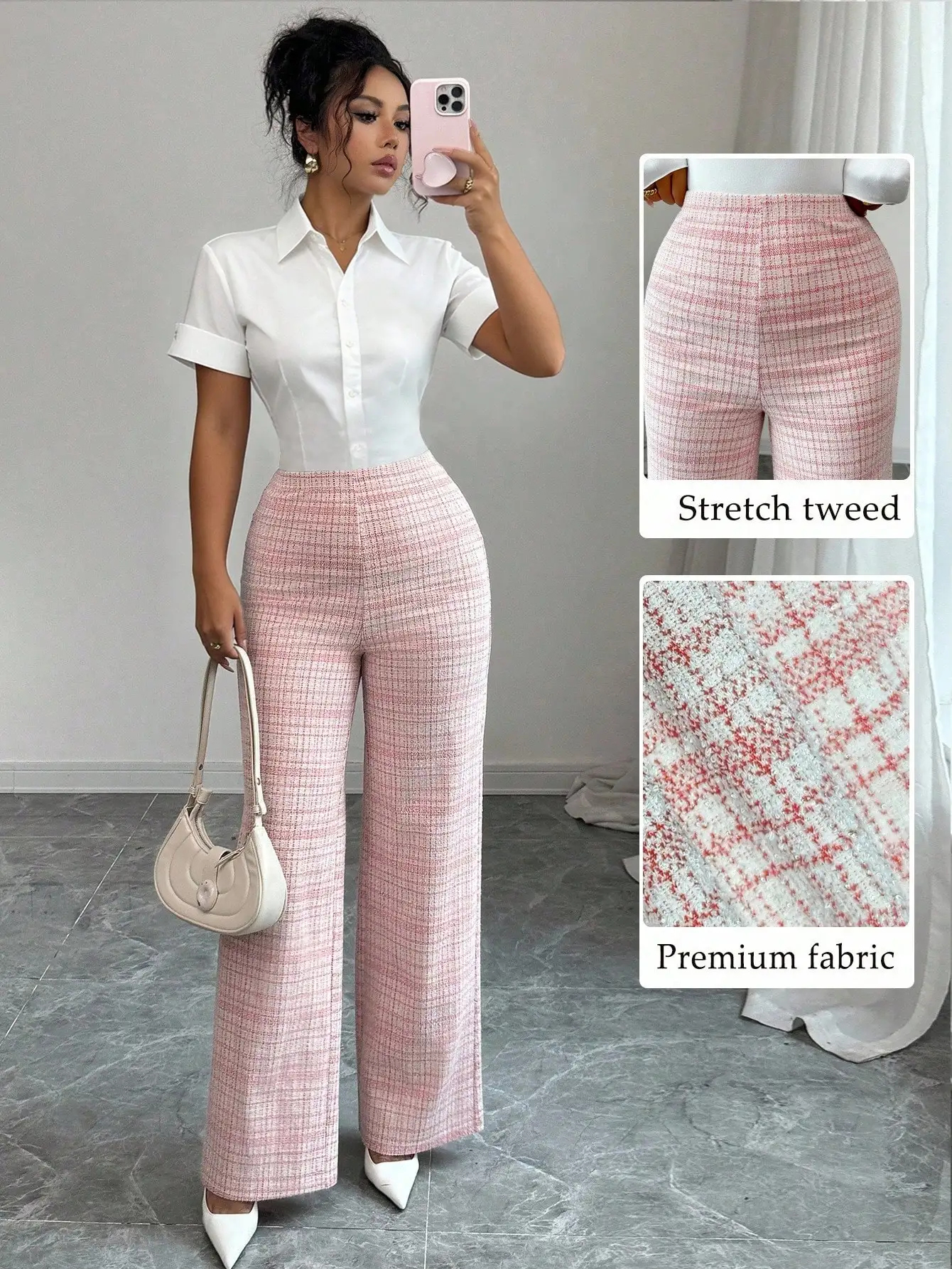 

Женские брюки с высокой талией и широкими штанинами в клетку из эластичной твидовой ткани