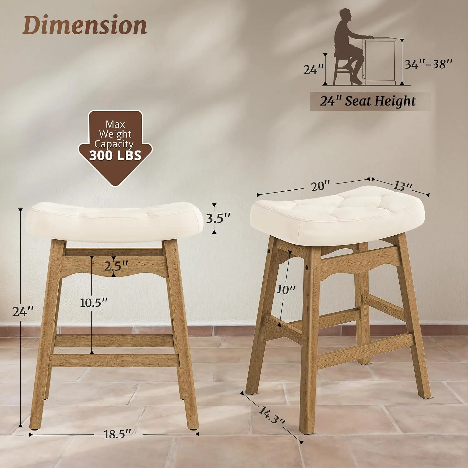 Set of 3 24 Inch Cream White Saddle Bar Stools, Upholstered Backless Counter Height Chairs with Wooden Legs for Kitchen Island
