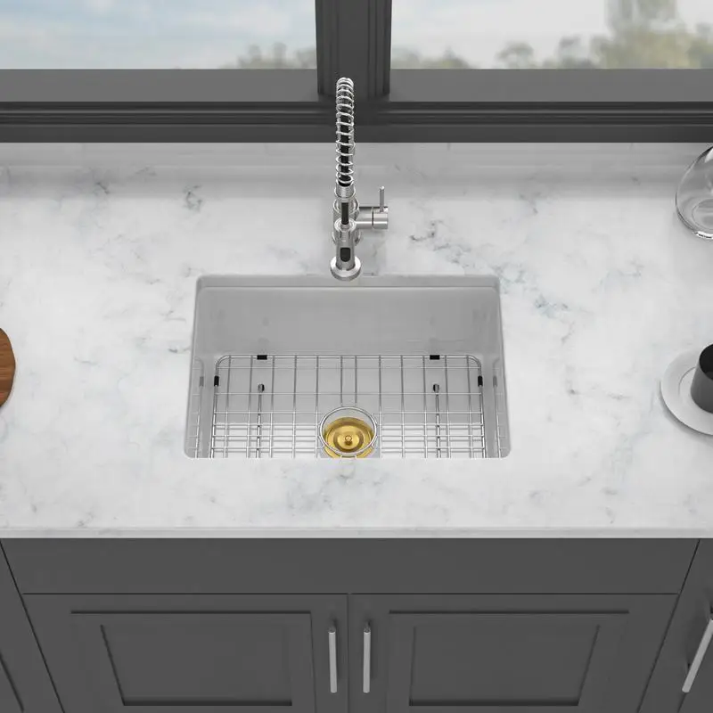 

24" x 18" x 9" Undermount Single Bowl Ceramic Kitchen Sink - Dual Mount White Rectangular Deep Sink Basin