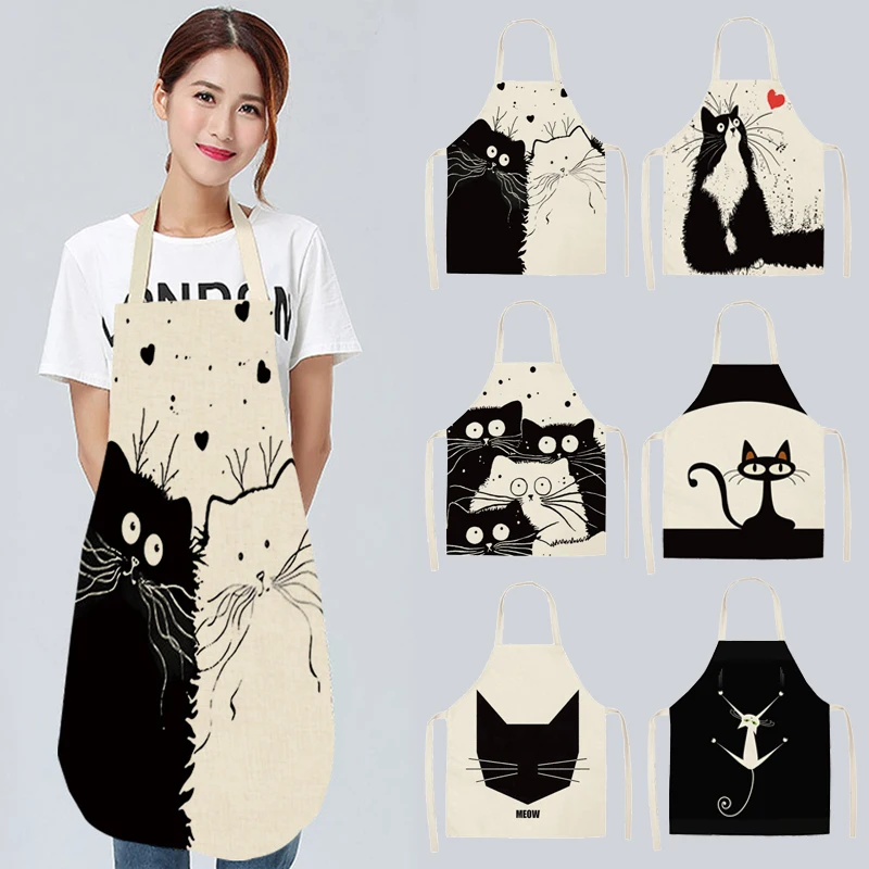 1pcs Black Cute Cat Printed Kitchen Cooking Baking Aprons Cartoon Sleeveless Cotton Linen For Women Man Home Cat Apron