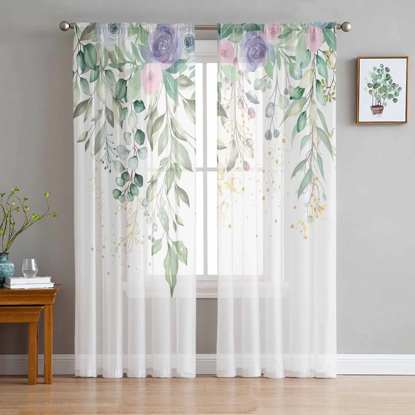 

Eucalyptus Leaf Flower Chiffon Sheer Curtains for Living Room Bedroom Home Decoration Window Voile Tulle Curtain Drapes