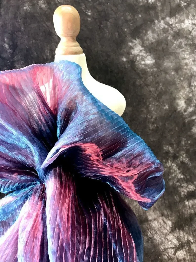 Tessuto di pizzo organza pieghettato sfumato blu Tessuto di pizzo Ombre increspato blu rosso per abito da ragazza Abito tutu Abito da sposa Abito da sposa