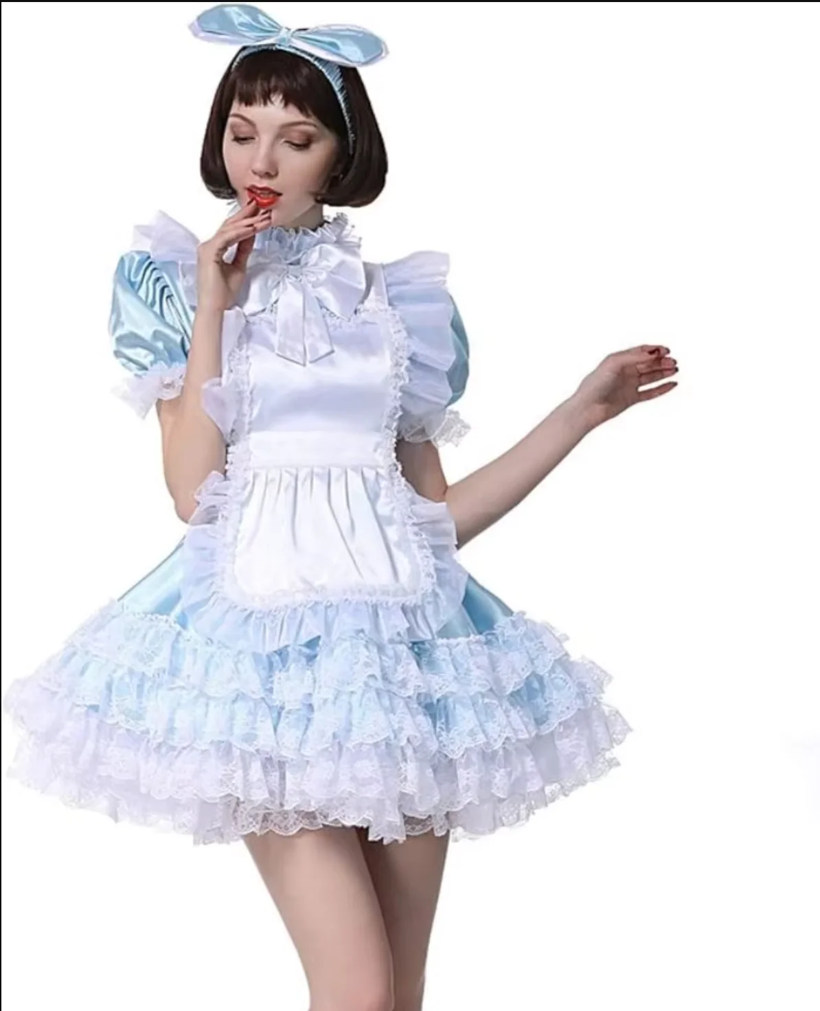 

French Sexy Adult Customized Fetishist Crossdressing Sissy Blue Satin Lace Lace Linkou Independent Cross Apron Fluffy Skirt Hem