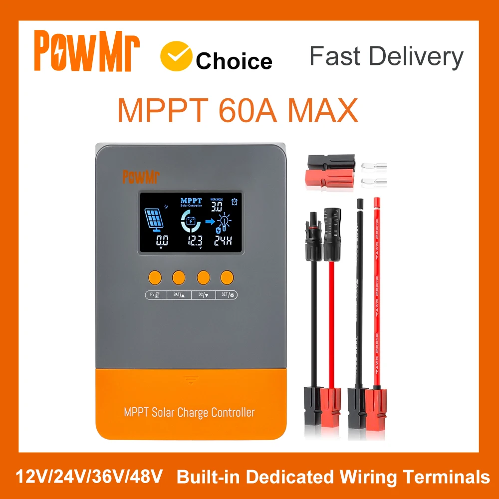 PowMr MPPT 60A Max Solar Charger Controller 12V 24V 36V 48V Max PV 160V LCD Regulator Lithium Battery Activation High Efficiency