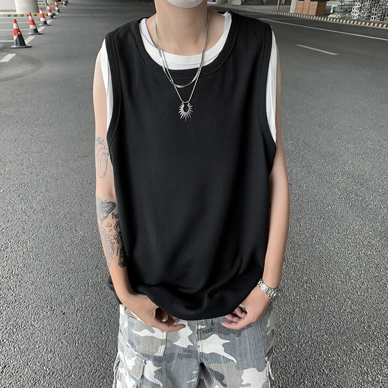 

Summer Sports Fitness Tops Wear Outside Sleeveless Men T Shirts Fake Two Piece Tank Fashion Punk Hip Hop Oversized Clothing Vest