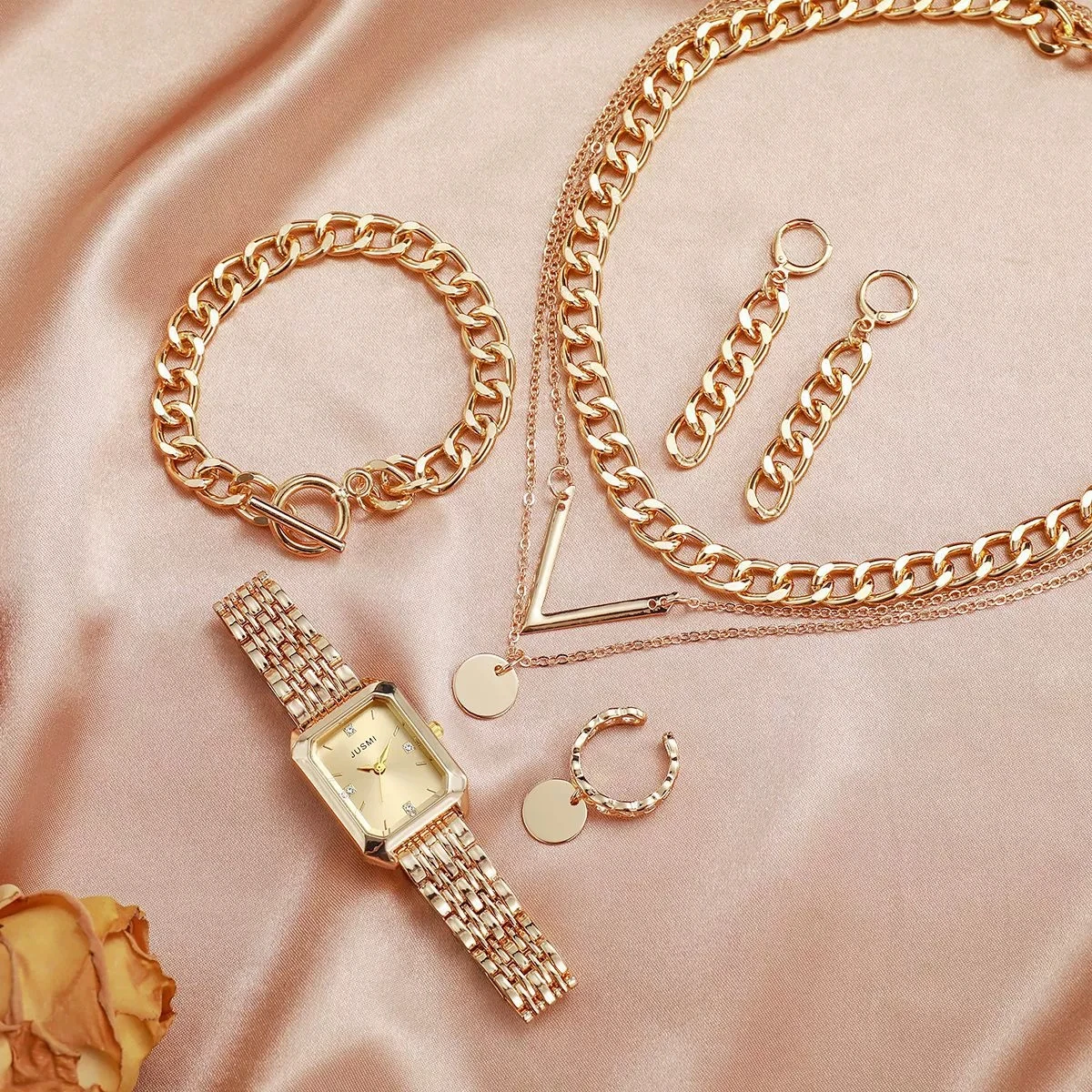 New Women's Chain Bracelet, Chain Earrings, Necklace, Ring, Square Steel Strap Quartz Watch Set, Fashionable And Versatile