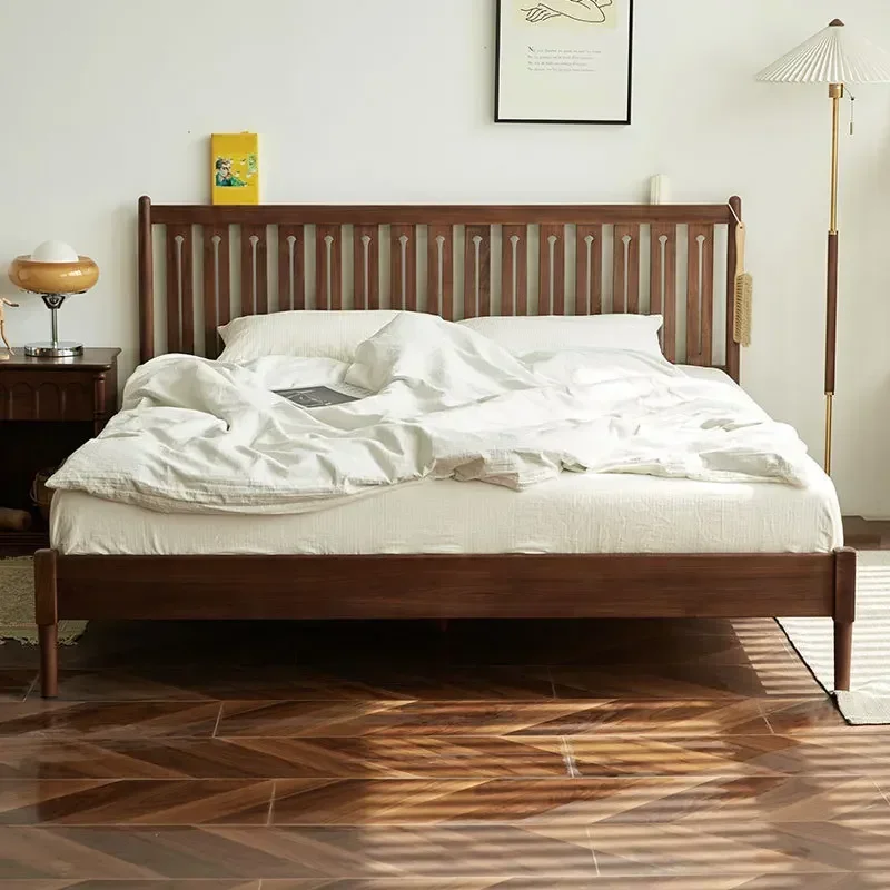 Nordic solid wood black walnut retro bed modern minimalist Japanese log master bedroom 1.8m double bed minimalist