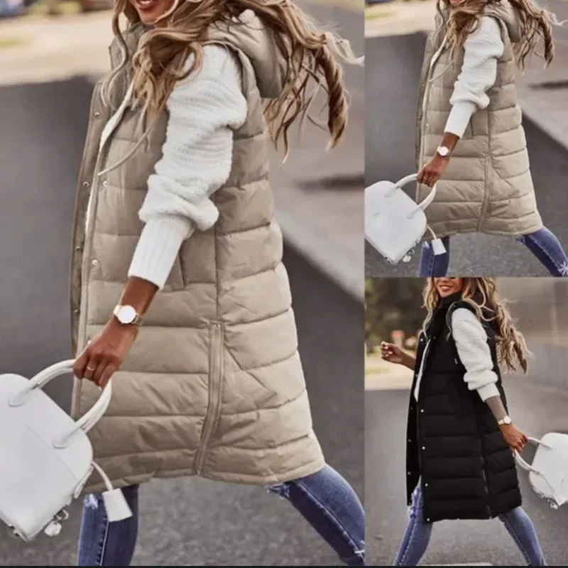 Women\'s Autumn-winter Hooded Padded Thick Waistcoat Casual Pocket Multi-colored Long Plus Size Waistcoat