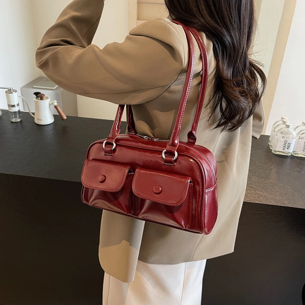 Vintage Women Business Shoulder Bag Simple Ladies Commute Tote Bag PU Leather Female Underarm Bag Wine Red Large Handbags Purses