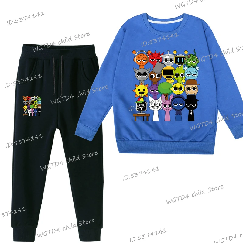 Wiosna Chłopcy Dziewczynki Anime Sprunki Garnitur Zabawna Gra Figurka Nadruk Bluza Długi Rękaw Pullovers+Fashion Sprunki Spodnie 2szt Zestawy