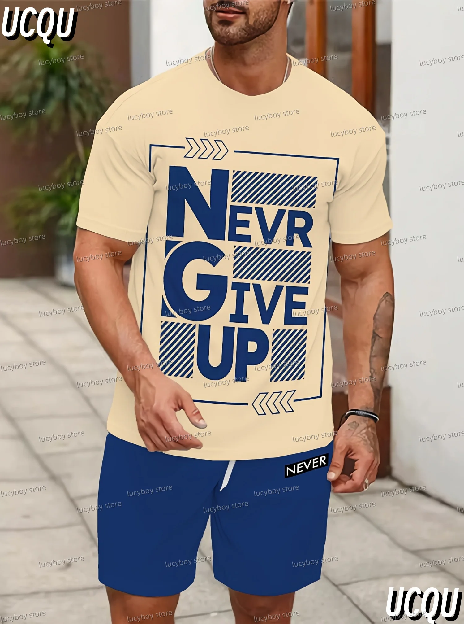 

Мужской спортивный костюм NEVER GIVE UP в полоску с принтом, спортивная футболка + шорты, спортивный костюм для бега больших размеров, спортивный костюм, комплект из 2 предметов, мужская одежда