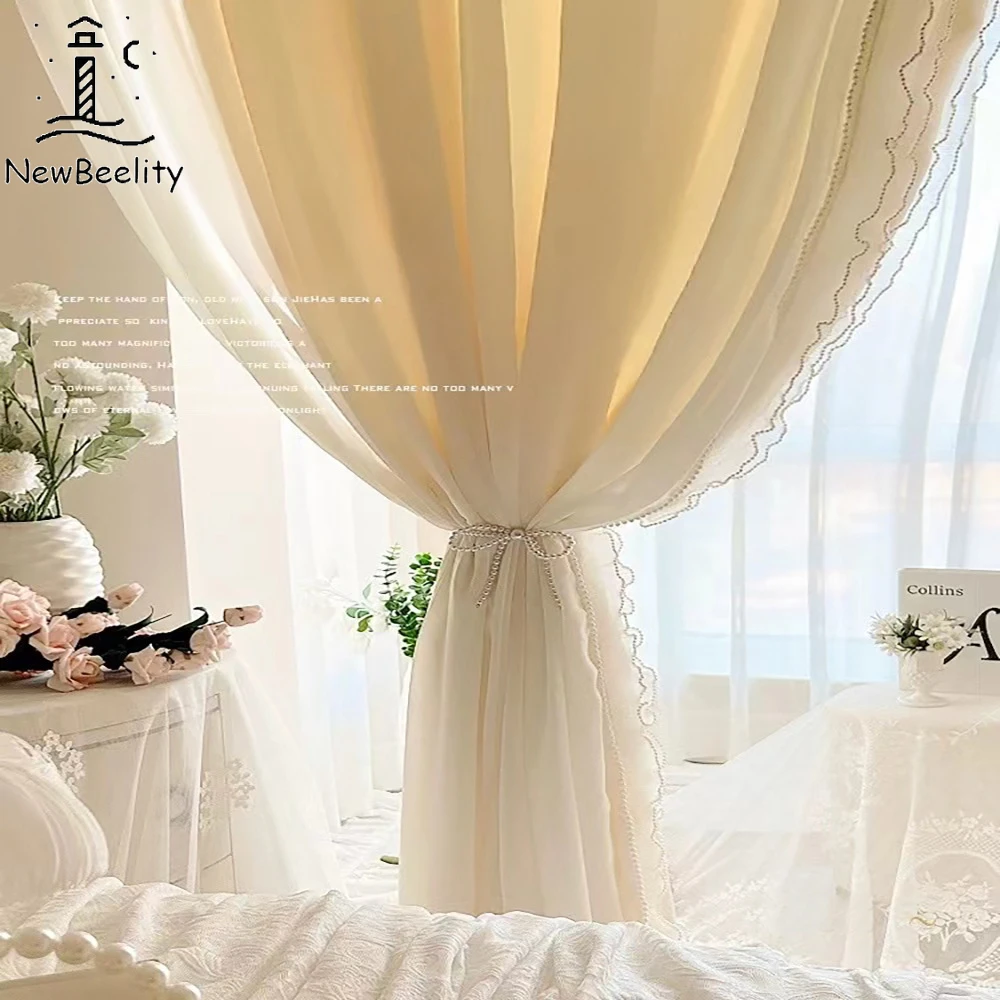 

French Cream Velvet Curtains for Living Room and Bedroom Window Decor Light Luxury Double-layer Lace Gauze Cloth White Tulle New